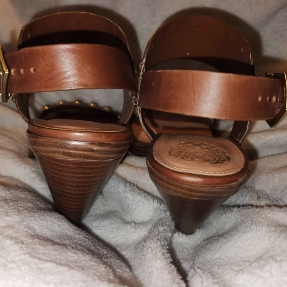 7.5 Vince Camuto Brown Leather Sandal Heels, Gold Buckle,OpenToe,Straps,Designer - Picture 4 of 9